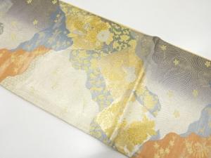 道長取りに尾長鳥・草花模様織り出し　袋帯